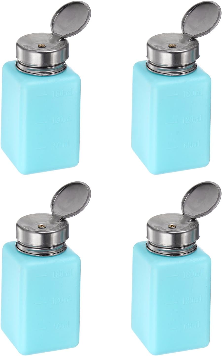 HARFINGTON 4PCS 180ML(6oz) Push Down Alcohol Dispenser Pump Liquid Press Empty Bottles Refillable Container for Acetone Cleanser Nail Polish Remover, Blue