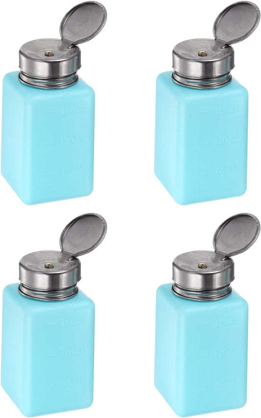 HARFINGTON 4PCS 180ML(6oz) Push Down Alcohol Dispenser Pump Liquid Press Empty Bottles Refillable Container for Acetone Cleanser Nail Polish Remover, Blue