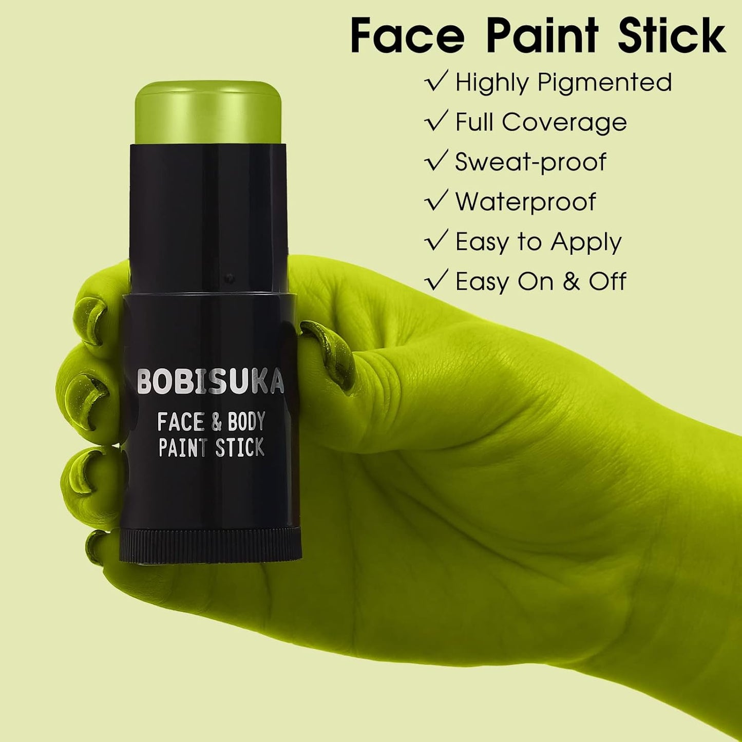 BOBISUKA Ogre Green Face Body Paint Stick, Light Green Eye Black Painting Sticks for Sports, Facepaints Makeup for Halloween Goblin Zombie Witch Camo Hulk Cosplay Special Effects Costume SFX