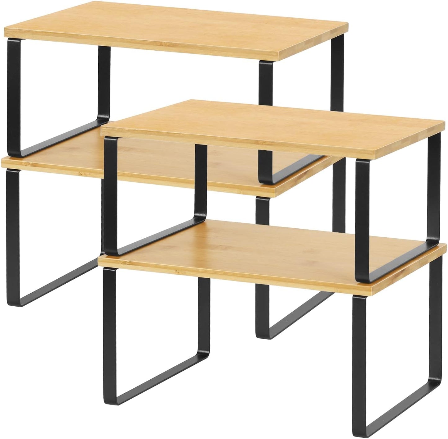 MOOACE Kitchen Cabinet and Counter Shelf Organizer, Stackable & Expandable, Set of 4, Black and Natural