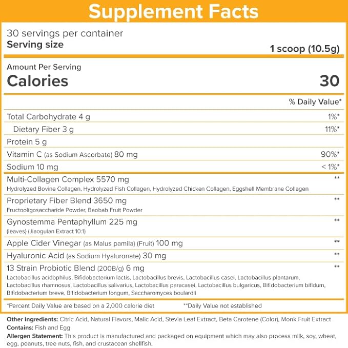 SkinnyFit Super Youth Orange Pineapple Multi-Collagen Peptides + Probiotics, Baobab Fiber, Apple Cider Vinegar, Hyaluronic Acid, & Vitamin C, Skin, Hair, Joint & Metabolism Support, 30 Servings