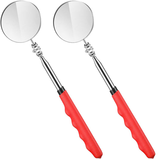 2 Pcs Telescoping Inspection Mirrors, Mechanics Mirror Tool with Long Handle, Round Extendable Mirror on a Stick for Technicians Mechanics Contractors Checking Observation(50mm,Red)
