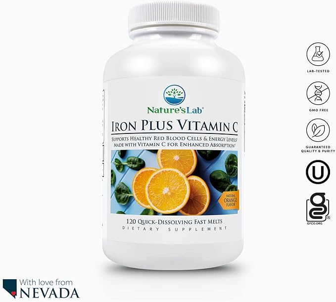 Nature's Lab Iron Plus Vitamin C Fast Melt Tablets - Gentle on the Stomach Carbonyl Iron, High Absorption for Healthy Red Blood Cells* - 120 Tablets