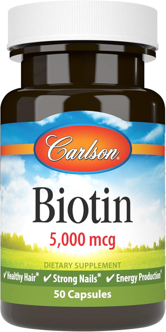 Carlson - Biotin, 5000 mcg, Healthy Hair, Strong Nails & Energy Production, 50 Capsules