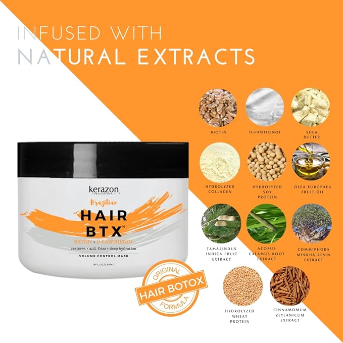 KERAZON Brazilian Hair BTX Treatment Mask 8oz 236ml provides repair for damaged, dry, smoothing, deep conditioning and hydration, nutrition, shine, softness, volume control and smoothness.