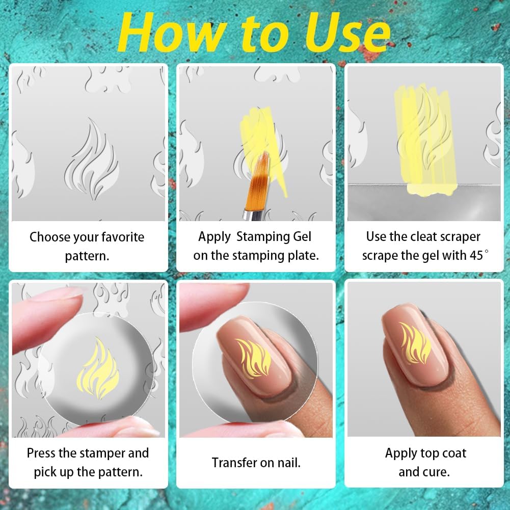 3Pcs Flame Nail Stamping Plate Letter Number Leaves Nail Stamp Templates Nail Art Stamp Plates Image Plate Stainless Steel DIY Reusable Tools with Stamper Scraper for Manicure Printing