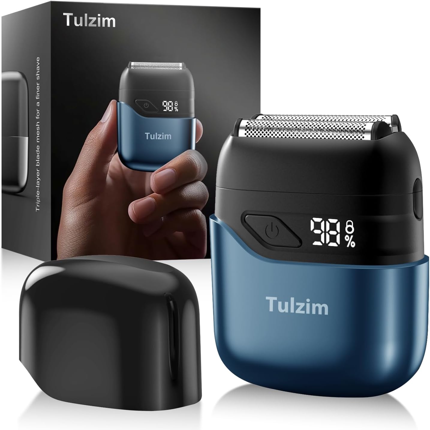 Electric Foil Shaver for Men: Portable Electric Razor for Beard/Face - 3 Floating Blade LED Display USB-C Fast Rechargeable - IPX7 Waterproof for Travel & Home - Blue