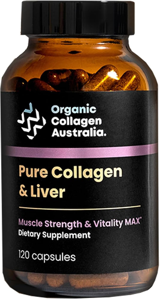 Organic Collagen Australia Pure Collagen & Liver Capsules – Muscle Strength & Vitality with Hydrolyzed Collagen, Grass-Fed Liver, and Vitamin B12 – 120 Capsules