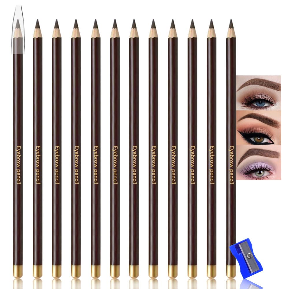 12Pcs Dark Brown Eyebrow Pencils for Women,Wooden Hard-Core Eyebrow Eyeliner Pencil,Sharpener Included,Long Lasting Waterproof Sweat-proof Create a Natural Eye Brow Makeup,Beginner Brow Pencil,Vegan
