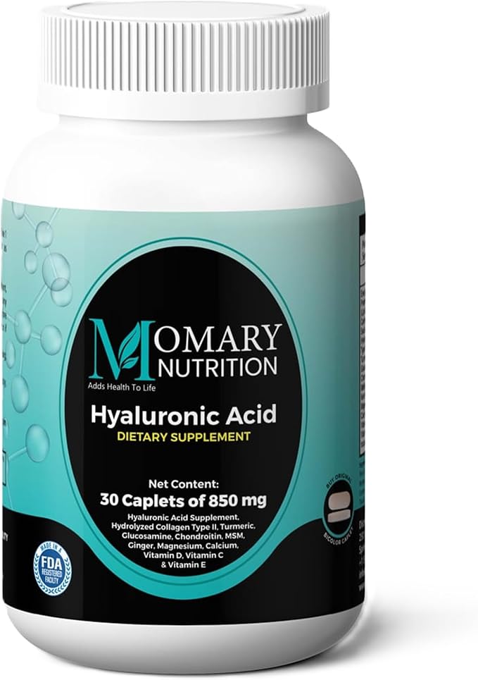 Hyaluronic Acid Supplement, Natural Skin Hydration, Advanced Joint Support and Mobility Booster, Type II Hydrolyzed Collagen, Turmeric, Glucosamine, Chondroitin, 30Caplets 850Mg