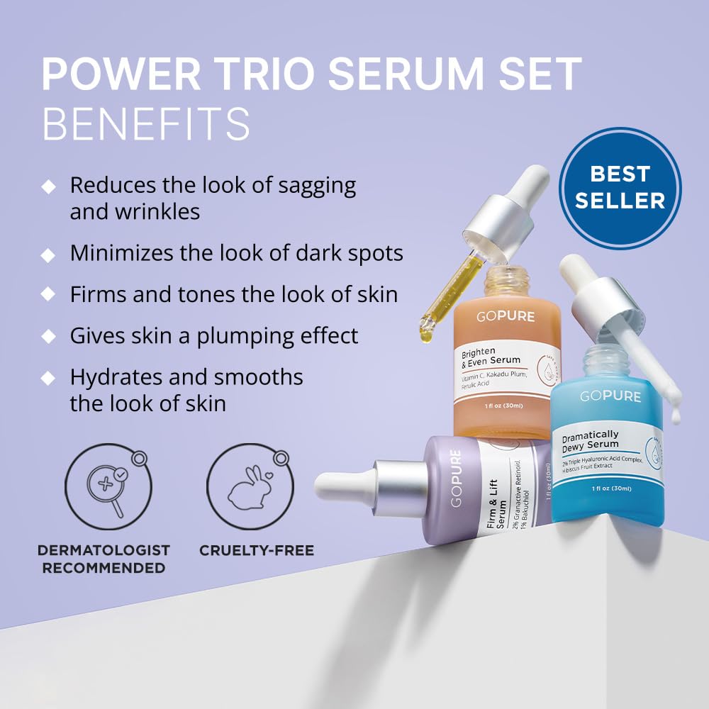 goPure Power Serum Trio Set - Radiant Vitamin C Serum, Hydrating Hyaluronic Acid, Bakuchiol and Retinol for Visibly Brighter, Moisturized, and Firmer-Looking Skin - Set of 3, 1.0 fl oz