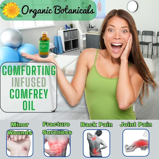 Pure Comfrey Leaf Infused Oil - Skin Care for Joints, Back, Muscles, Fractures, Bruises, and Minor Wounds, Natural Herbal Body Massage Oil, Certified Organic (8 oz)