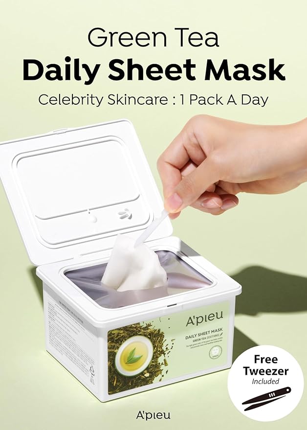 A'PIEU Daily Sheet Mask (Green Tea) - Moisturizing Korean Face Masks, 30-day supply, Lyocell fabric for comfort, Saturated with Green Tea Extract Essence