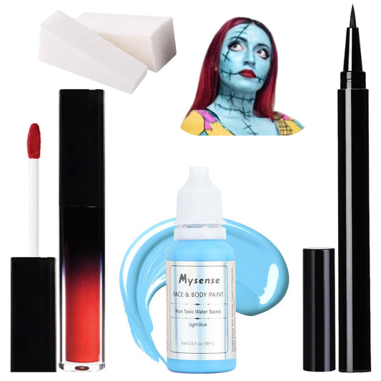 Mysense Sally Makeup Kit,Halloween Sally Costume Corpse Bride Makeup,Sally Face Cosplay Accessories for Women Girls Kids,Light Blue Face Paint+Red Lipstick+Black Liquid Eyeliner+Sponges