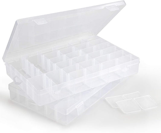 36-Grid Bead Storage Containers, 2 Packs Clear Craft Organizers and Storage Box with Dividers for Small Accessories, Nail Art, Jewelry Gem, Beads, Tackle, Miniature Fittings