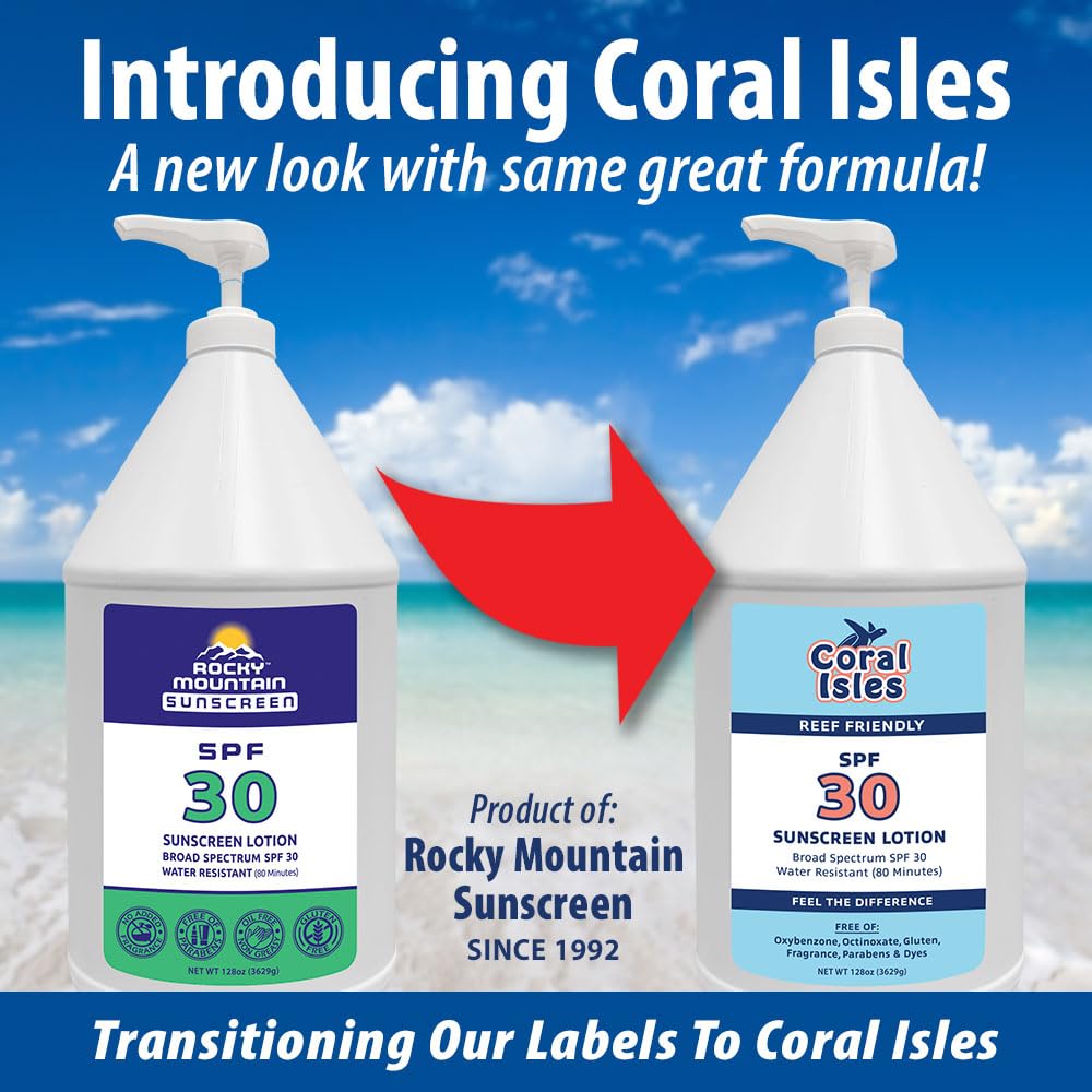 Coral Isles by Rocky Mountain Sunscreen | SPF 30 Lotion | Broad Spectrum UVA/UVB Protection | Hawaii Reef-Safe Act Compliant | Oxybenzone & Octinoxate Free | Water Resistant 80 Min. | 128 Fl Oz