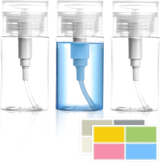 3 Pack Push Down Pump Dispenser,Clear Push Top Empty Bottles with DIY Stickers for Alcohol,Nail Polish,Makeup Remover,Toner (100ml)