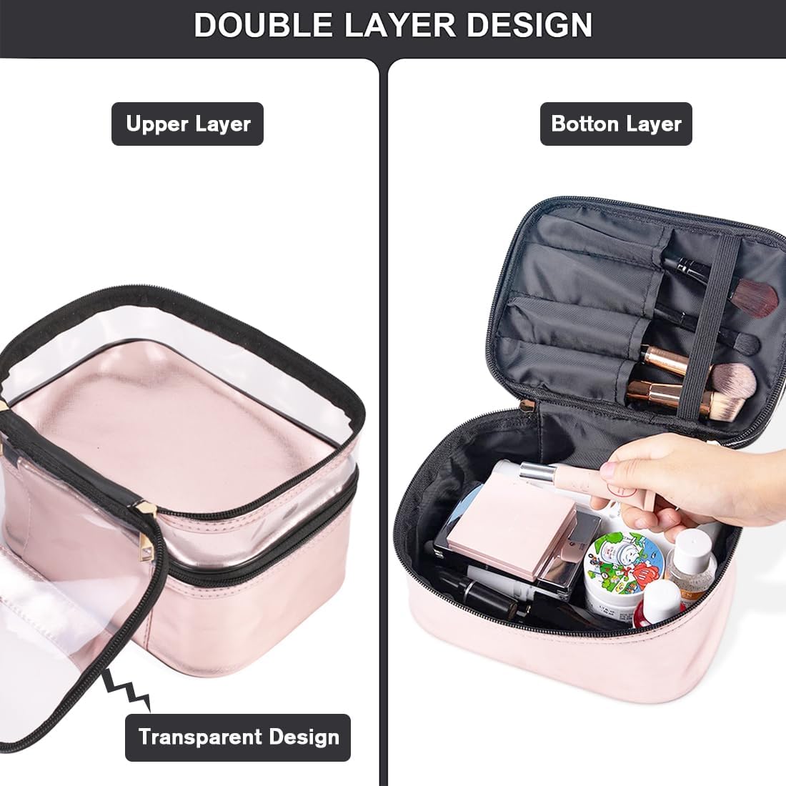 FITINI Makeup Bags Double Layer Travel Storage Cosmetic Cases Make up Organizer Toiletry Bags Water-resistant for Women Makeup Brush Bag,Pink