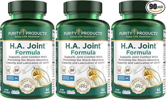 Purity Products HA Joint Formula Hyaluronic Acid + Key CoFactors - Joint + Skin Multi Collagen (Type I, II & III) - 5-Loxin - Olive Fruit Extract - Joint Flexibility + Mobility - 90 Capsules (3)
