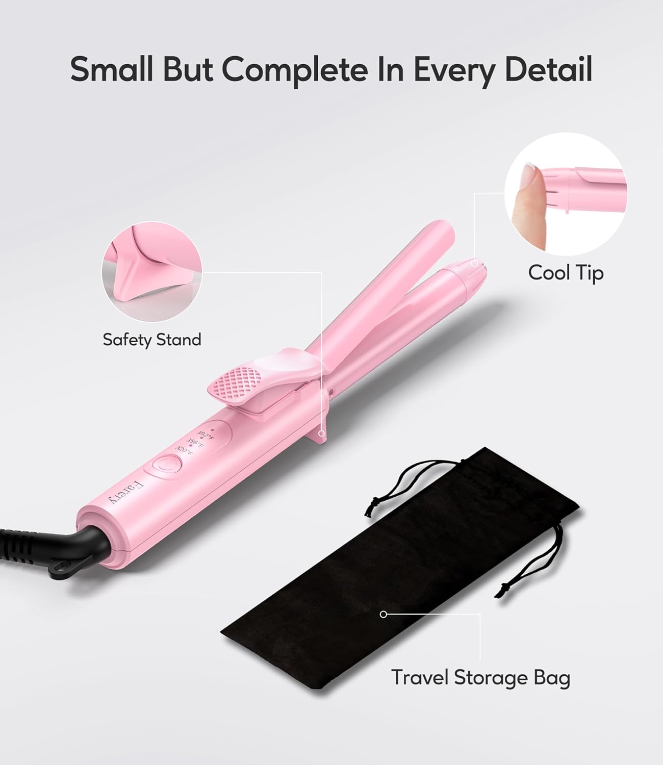 FARERY Mini Curling Iron for Short Hair, 1/2 Inch Travel Size Curling Iron Dual Voltage, Ceramic Mini Hair Curler with 3