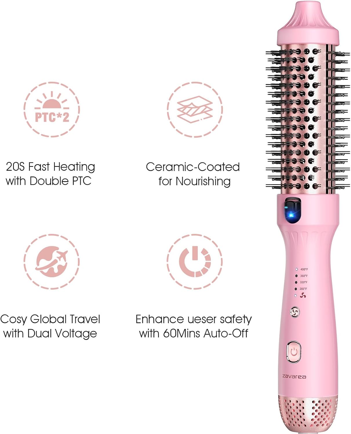 zavarea Thermal Brush, 1.5 Inch Heated Round Brush Stylers, 800M Negative Ions Ceramic for Less Frizz Damage, 4 Temperature Set, Dual Voltage for Travel, Easy Use Boosts Shine, Youthful Pink