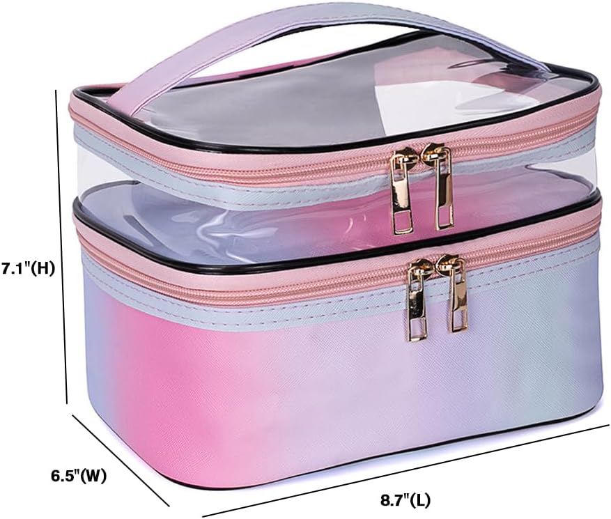 FITINI Makeup Bags Double Layer Travel Storage Cosmetic Cases Make-up Organizer Toiletry Bags Water-resistant Vegan Leather for Women Makeup Brush Bag,Gradient Purple