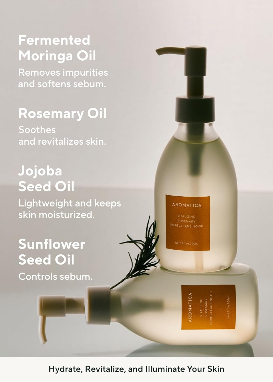 AROMATICA Vitalizing Rosemary Pore Cleansing Oil – Double Cleanser & Makeup Remover, Oil-Based for Gentle Sebum Control with Fermented Moringa & Essential Oils (6.7 fl oz./200ml)