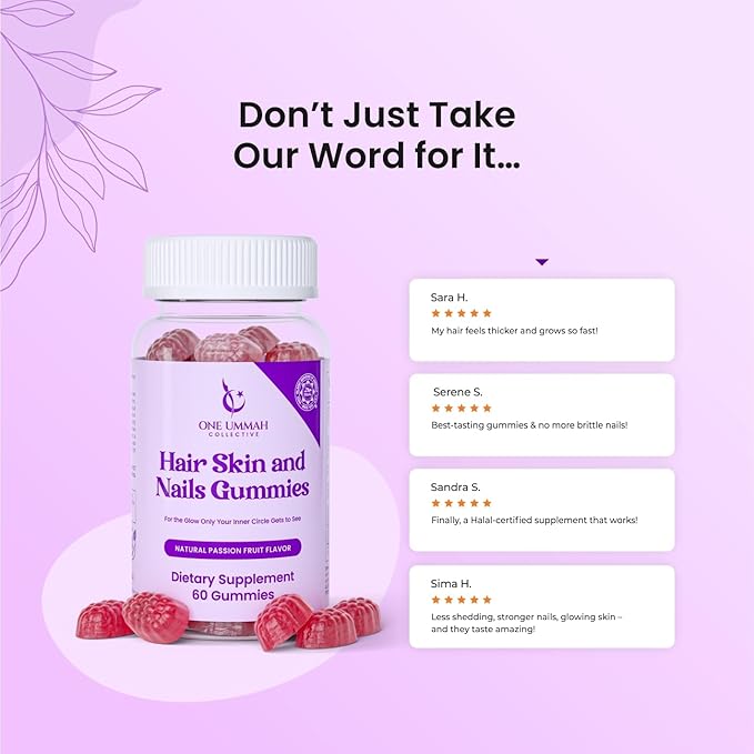 Halal Certified Hair, Skin, & Nails Gummies - Packed with Biotin, Collagen, Folate, & Essential Beauty Vitamins for Strong Hair, Glowing Skin & Healthy Nails - Easy Digestion & High Absorption - 60 ct
