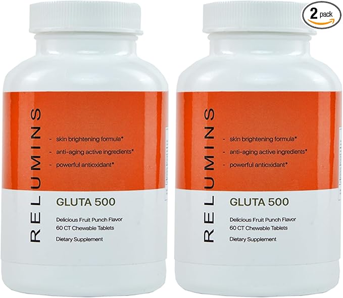 Relumins New Gluta 500 - Chewable/Sublime Wall Glutathione Complex with Advanced Skin Nutrition - Hyaluronic Acid, VIT C, Biotin Plus 4 Powerful Actives - Fruit Punch Flavored 60CT x 2 Bottles