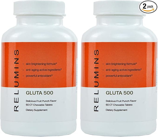 Relumins New Gluta 500 - Chewable/Sublime Wall Glutathione Complex with Advanced Skin Nutrition - Hyaluronic Acid, VIT C, Biotin Plus 4 Powerful Actives - Fruit Punch Flavored 60CT x 2 Bottles