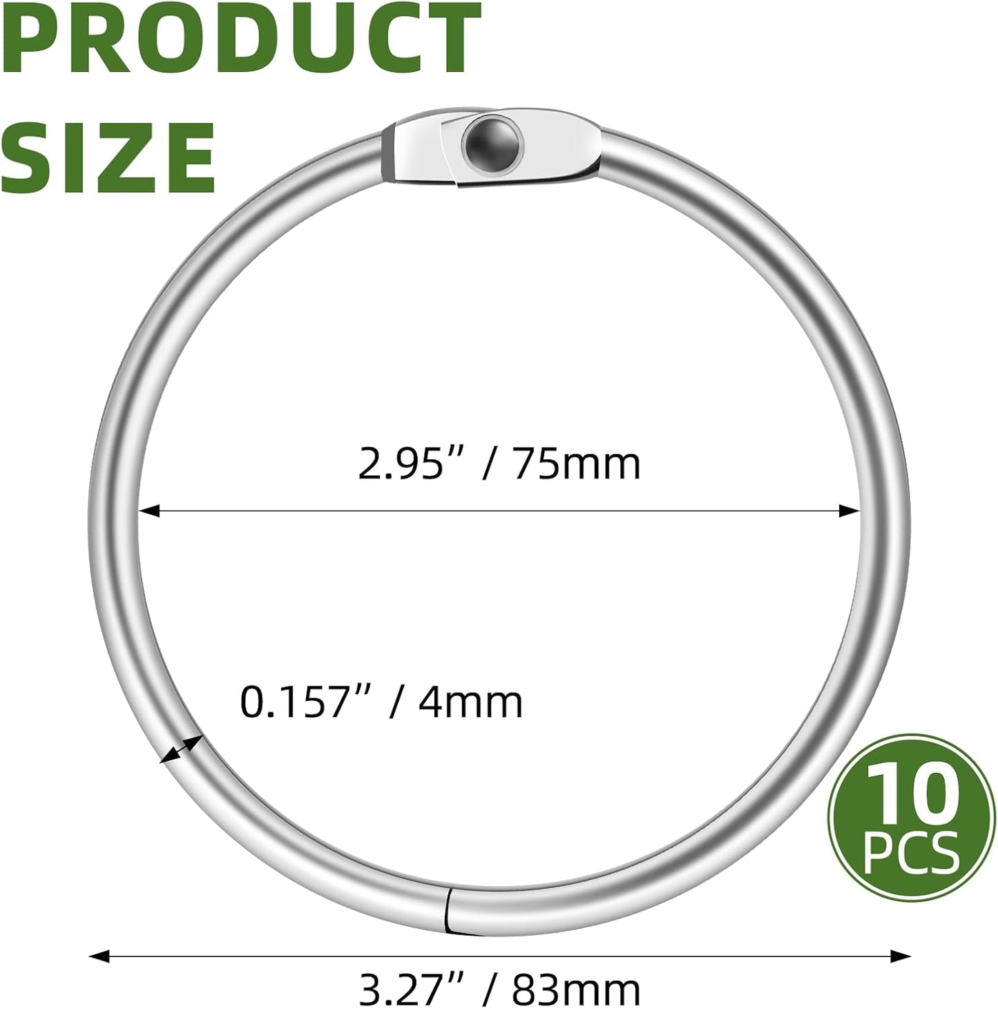 3 Inch Office Book Rings, Loose Leaf Binder for Keys, Paper, Flashcards, Index Cards, Notebooks, Photos, Scarves, Binder Clip Rings for School, Home, Office, Nickel Plated, Silver, 10 Pack