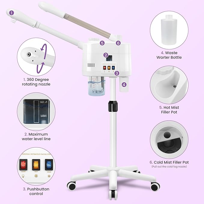 Professional 2 in 1 Ozone Facial Steamer on Wheels - Hot & Cold with Time Setting, Adjustable Height for Spa, Salon & Home