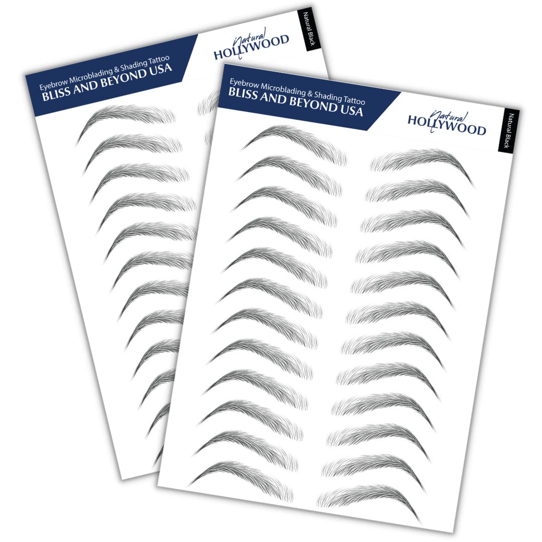 Bliss and Beyond USA, 2 Sheets Waterproof Eyebrow Tattoo Stickers - Long Lasting, Natural-Looking Fake Eyebrows for Alopecia, Chemo, Cancer Gift. Same Size | Natural Hollywood, Black