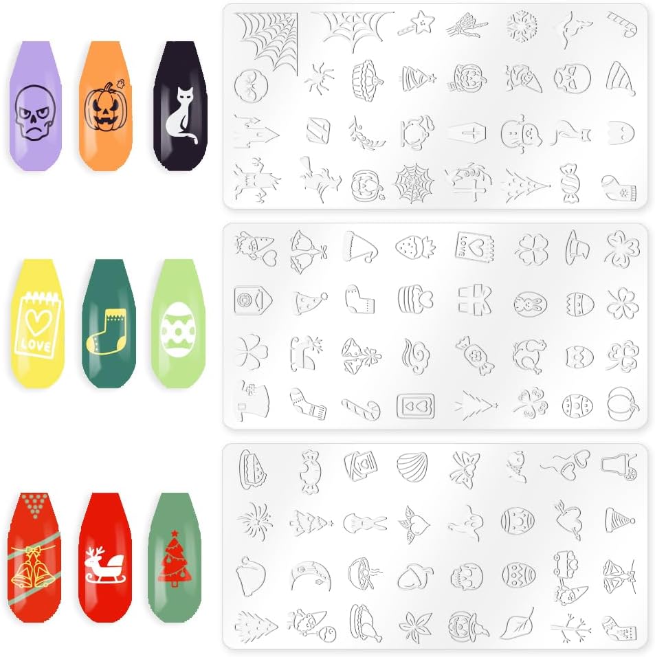 3Pcs Holiday Nail Stamping Plate Set Christmas Halloween Nail Stamp Templates Easter St. Patrick's Day Metal Reusable Tools with Stamper Scraper for Manicure Printing