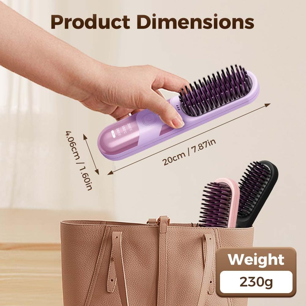 Cordless Hair Straightener Brush, 2026 Updated Mini Portable Hair Straightener for Travel, Fast Heating Straightening Brush, USB Ceramic Electric Hair Comb for Women Straightening and CurlingBlack