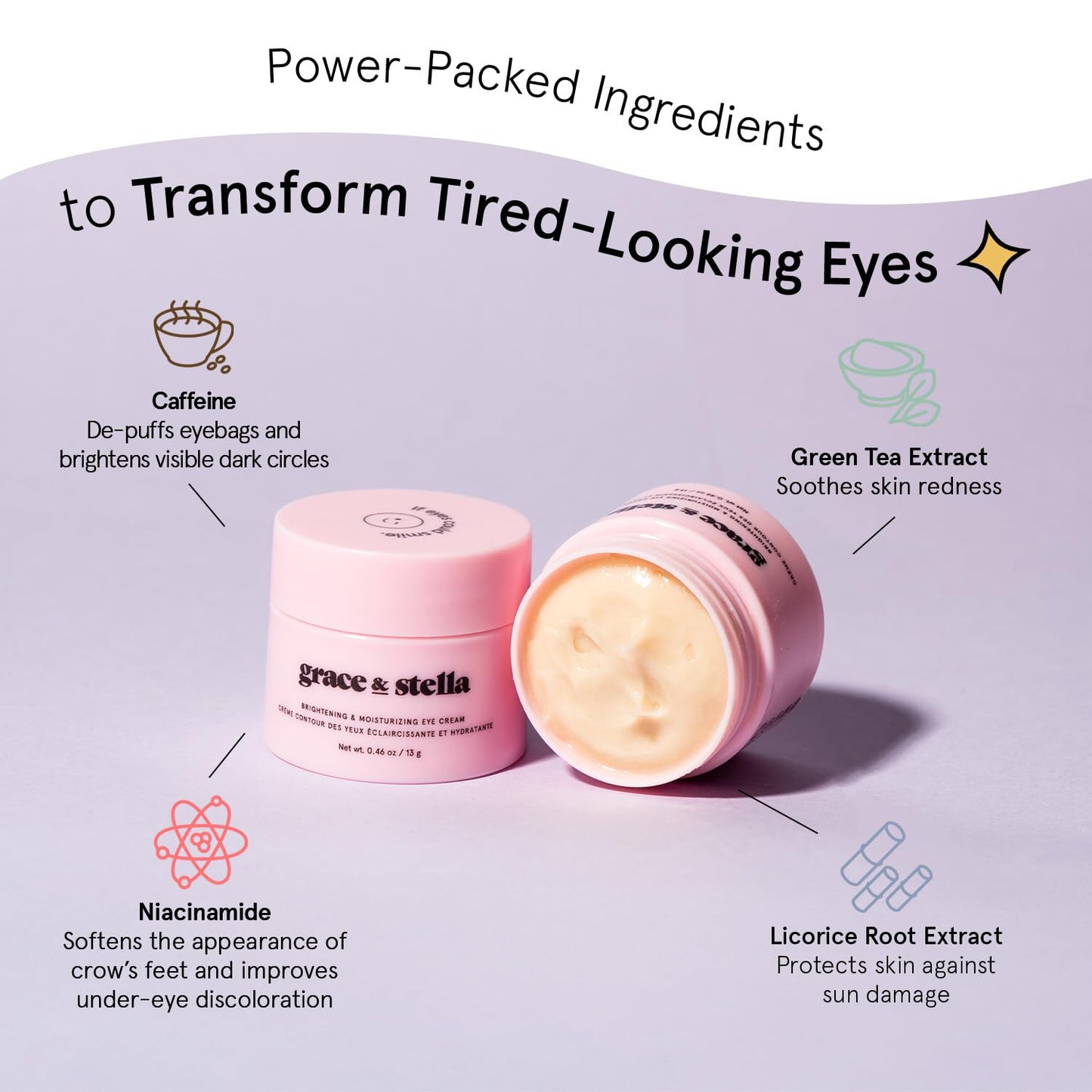 grace & stella Under Eye Cream for Dark Circles - Caffeine Eye Cream Anti Aging for Wrinkles - For Undereye Brightening, Puffiness, Wrinkles and Bags - Made in USA, Vegan (0.46 oz/13 g)
