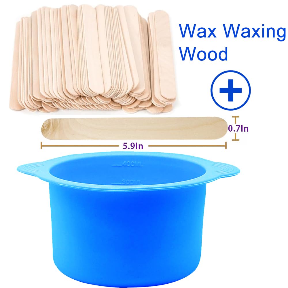 Silicone Wax pot Liner, Silicone Wax Bowl Warmer liner, Non-Stick Melt Pot Replacement, Reusable Melt Liner with 50 Pcs Waxing Sticks Body Hair Removal 14 oz Bule