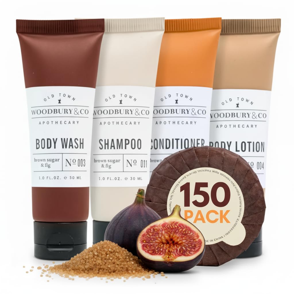 WOODBURY & CO Travel Size Shampoo and Conditioner Supplies For Guests,Airbnb Essentials for Hosts,Mini Shampoo And Conditioner Sets,Hotel Toiletries,Air Bnb Kit For Bathroom Body Wash Lotion,(150 Pcs)