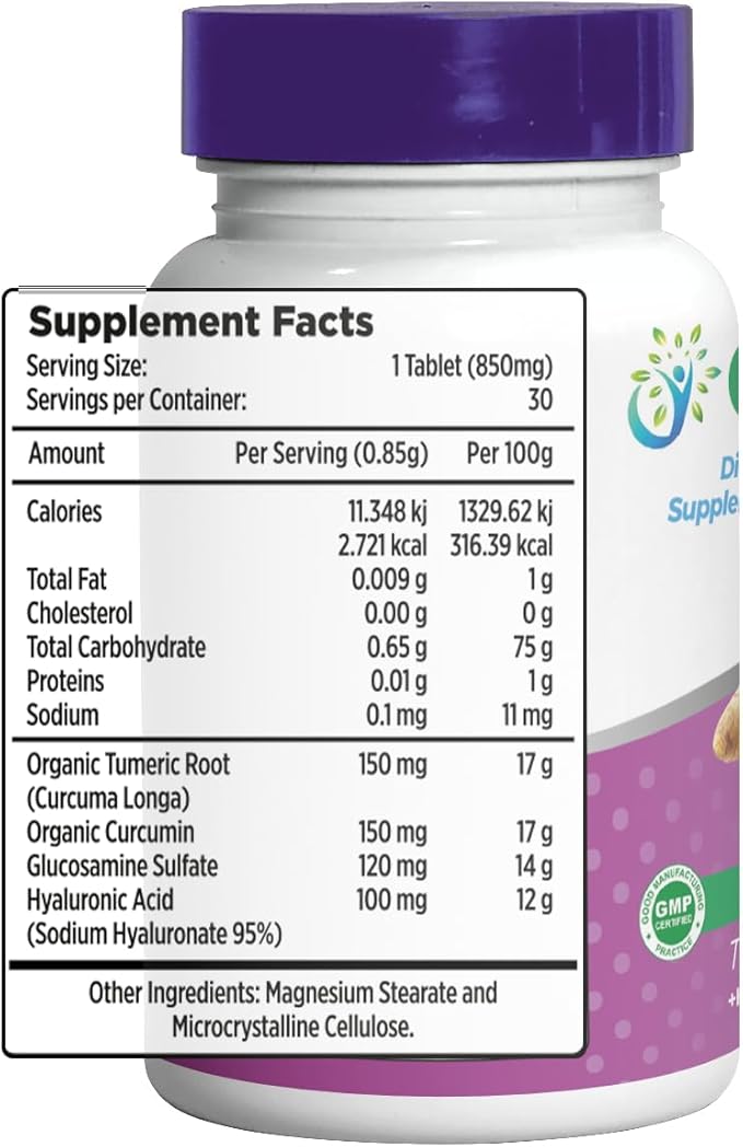 Dietary supplement for joints | With hyaluronic acid, turmeric, glucosamine sulfate and magnesium oxide | Promotes joint mobility, lubrication and flexibility | 30 capsules of 850 mg each