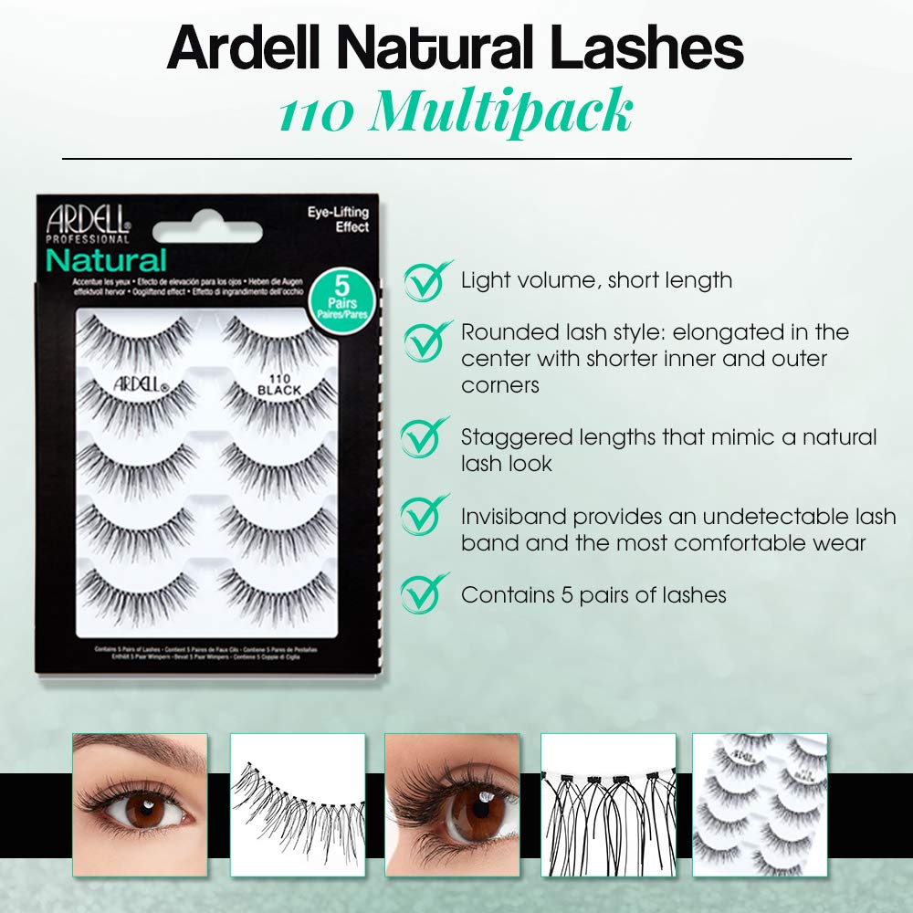 Ardell Natural False Eyelashes 110 Black - Eye-Lifting Effect Eye Makeup, Natural Look Strip Lashes - 5 Pairs, 2 Pack