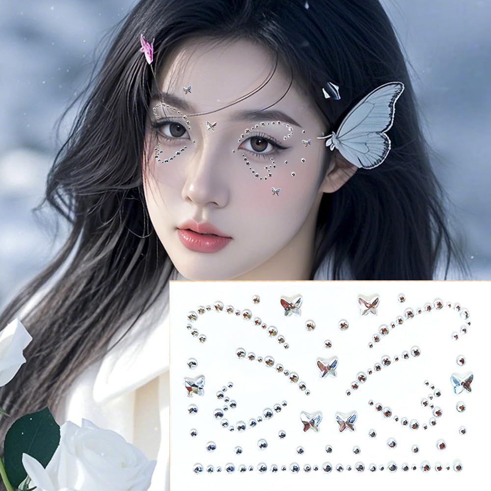 Crystal Butterfly Face Gems Pink Face Jewels Fake Butterfly Gems Tattoo Stick on Eye for Men Women Kids Halloween Prank Makeup Costume，2-Pack