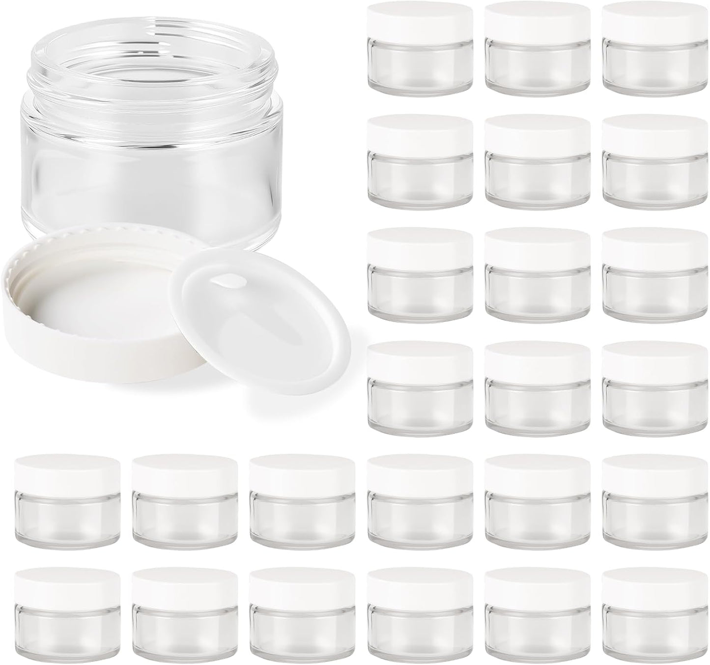 1oz Glass Jar with Lid, Hoa Kinh 25Pack Clear Round Containers Cosmetic Glass Jars with Inner Liners and White Lids Travel Jars for Storing Lip and Body Scrub, Lotion, Body Butter, Bath Salts, Liquid