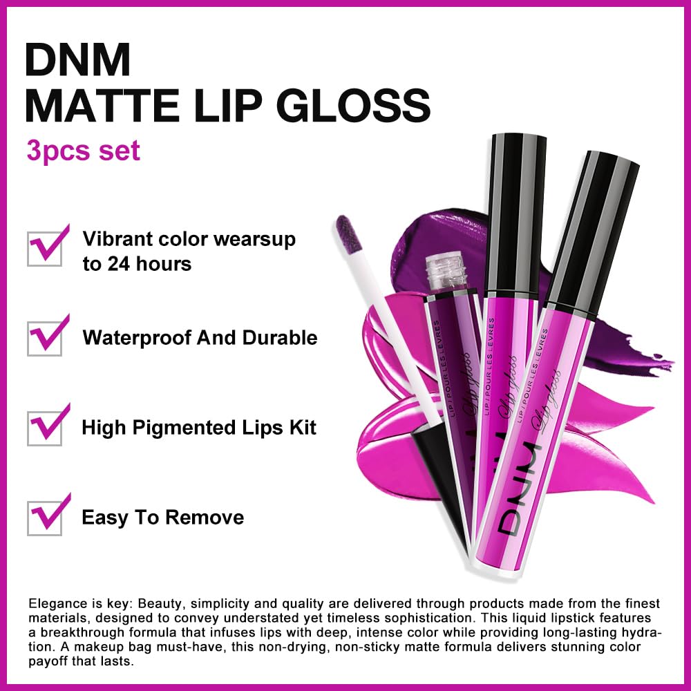 evpct 3Pcs Purple Hot Pink Fuchsia Red Matte Liquid Lipstick Lip Stain Sets for Women, Matte Lipstick Long Lasting Waterproof Permanent 24 Hours original, Lip Sticks Pack for Halloween Daily Makeup