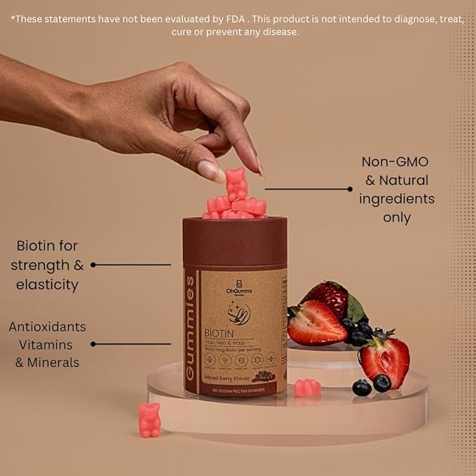 Biotin 5000mcg Gummies with VIT A, B12, C, D3, E + Folic Acid (Vegan Biotin)