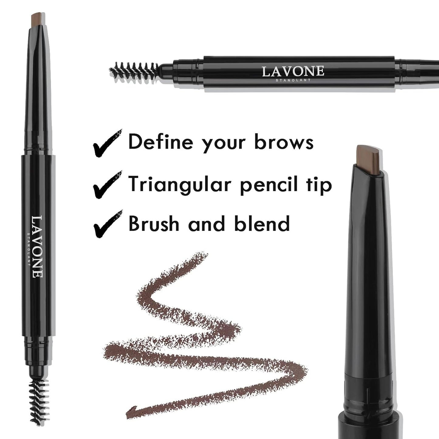 LAVONE Eyebrow Stamp Stencil Kit, Brow Stamp Trio Kit with Waterproof Eyebrow Pencil, Eyebrow Pomade, 20 Eyebrow Stencils, Dual-ended Eyebrow Brush and Sponge Applicator - Medium Brown