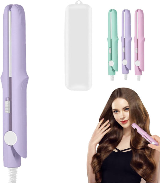 2025 New 2 in 1 Mini Dual Purpose Curling Iron, Mini Curling Wand Flat Iron Hair Straightener, Portable Travel Curl Wand for Women Short and Long Hair (Light Purple)