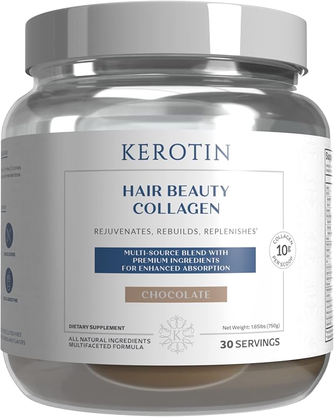 Kerotin Hair Beauty Collagen Multi-Blend Powder Supplement. Supports Hair Growth & Scalp Elasticity. Improves Skin, Bone & Nails Health. Free of Artificial Sweeteners & Flavors. Made in USA(Chocolate)