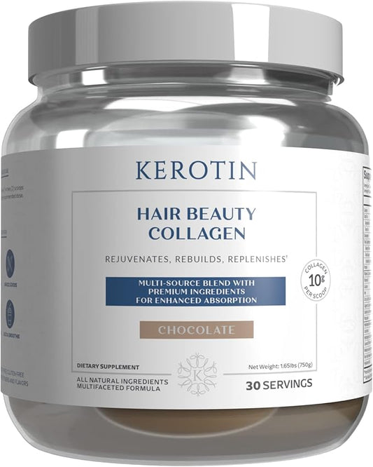 Kerotin Hair Beauty Collagen Multi-Blend Powder Supplement. Supports Hair Growth & Scalp Elasticity. Improves Skin, Bone & Nails Health. Free of Artificial Sweeteners & Flavors. Made in USA(Chocolate)