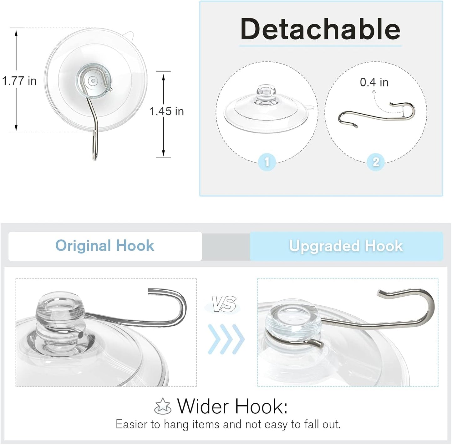 VIS'V Suction Cup Hooks, 1.77 Inch Small Window Suction Cups with Metal Hooks, Removable and Reusable, Clear, 12 Pcs