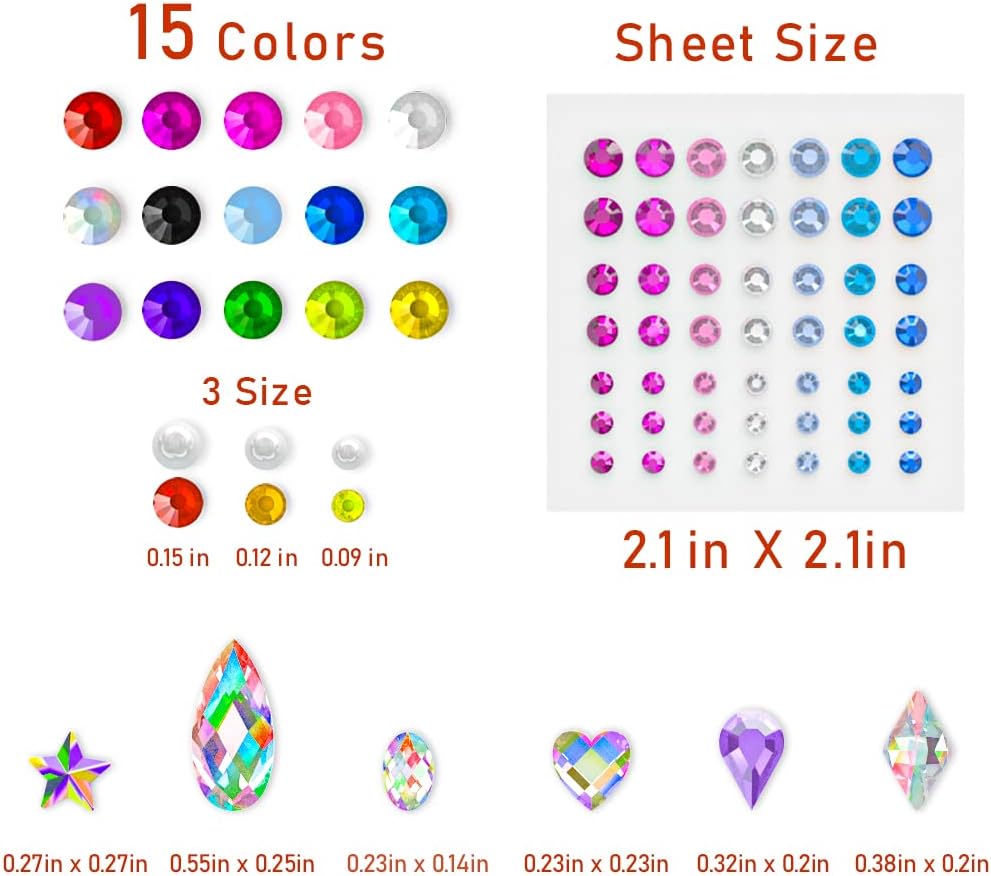 15 Sheets Face Gems Jewels Stick on Eye Body, Self Adhesive Rhinestones Stickers Rainbow Crystal Face Gems Jewels for Decorations Crafts Nail Makeup in 3 Size 15 Colors